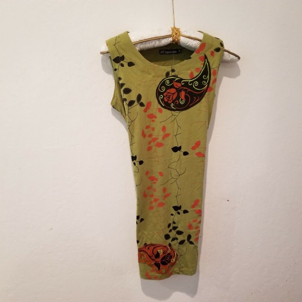 Leopards & Roses Women Sleeveless Tunic Top/Dress Medium Floral Green Belted New